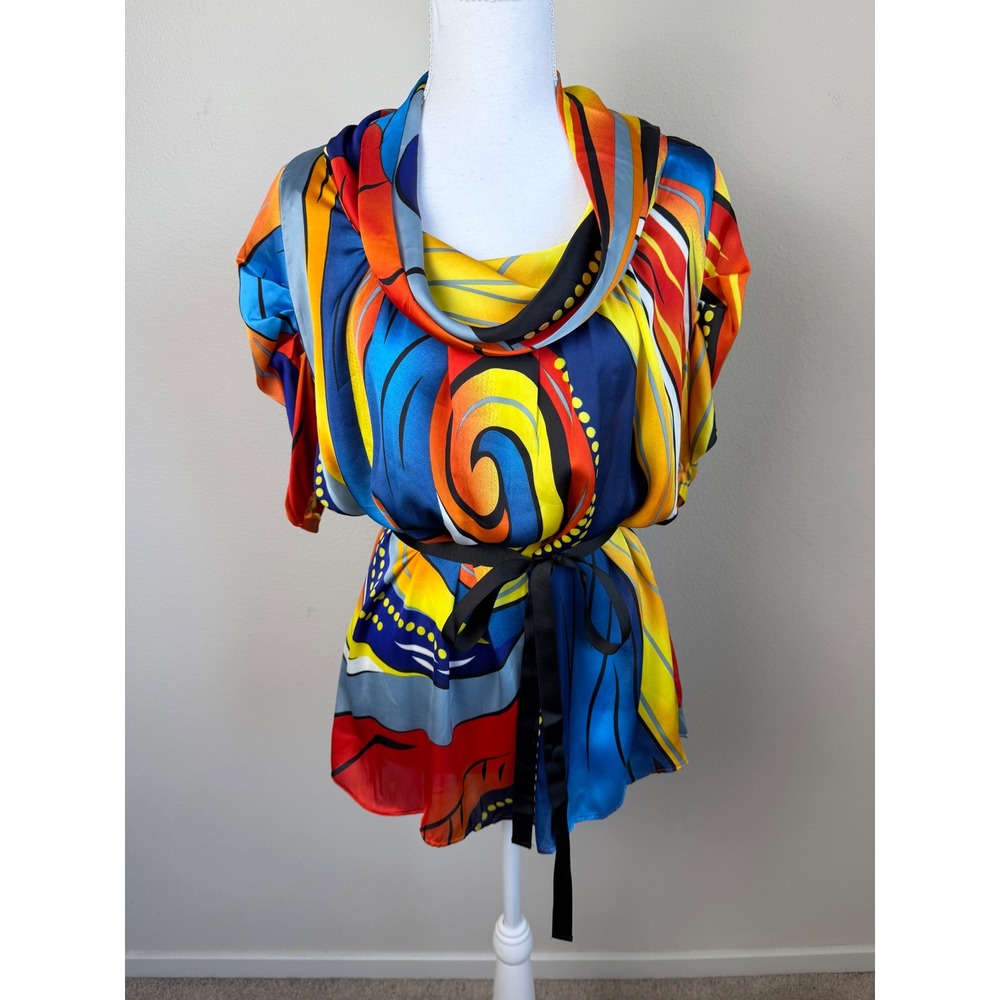 BCBGMAXAZRIA Women Blouse S Multi Abstract Cowl Neck Art Wear Teacher Y2K Boho